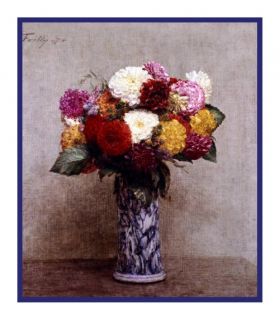 Henri Fantin Latour Flowers Dahlias Blue Vase Counted Cross Stitch