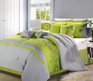 8PC Luxury Bedding Comforter Set Grey Neon Green Bed Sheet Pillows Bed