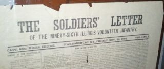  Letter 96th Illinois Infantry Civil War Newspaper Harrodsburg KY 1862