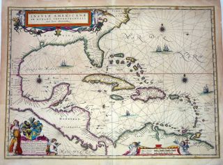1635 Blaeu Map Caribbean Virginia Florida Gulf of Mexico Ships