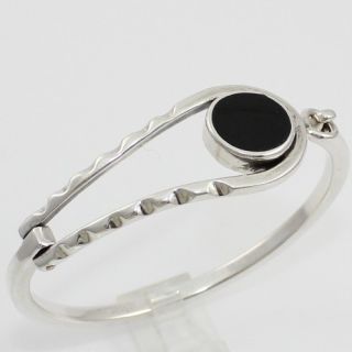   Silver 925 Heavy Modernist Black Onyx Hinged Hook On Bangle Bracelet