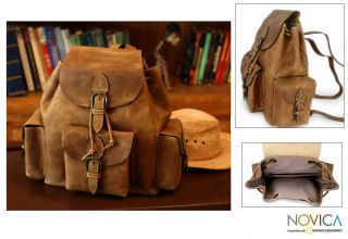 Brown Leather Handmade Artisan Backpack Novica Mexico