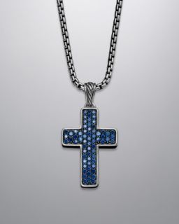 N1UC8 David Yurman Chevron Cross Necklace, Pave Sapphires