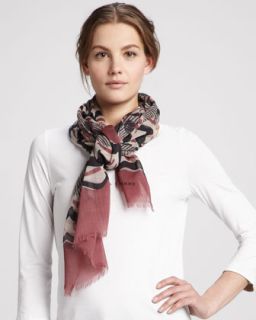 Painted Floral Striped Cashmere Scarf, Dusty Garnet