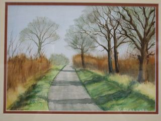 Watercolor Painting of A Road with Trees and Tall Grass