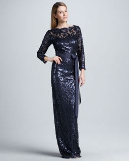 Tadashi Shoji Belted Sequin Lace Gown   