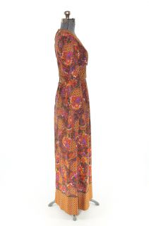 Brown Psychedelic Empire Maxi Floral Hippie Boho Dress Sz S
