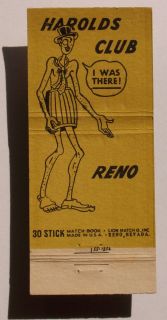 1950s Matchbook Harolds Club Indian Pioneer Reno NV MB