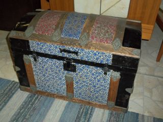 Antique Dome Top Trunk Colored Tin Exterior Tray Inside