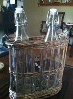 Set of Glass Bottles w Hinged Stoppers in Willow Handled Basket