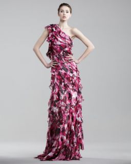 Carmen Marc Valvo One Shoulder Tiered Ruffle Gown   