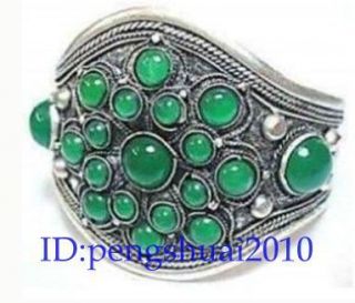  OLD Tibetan jewelry Tibet Silver inlay Green Jade mens Cuff Bracelet