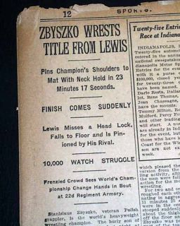 1921 Newspaper Stanislaus Zbyszko Wins Pro Wrestling Title vs