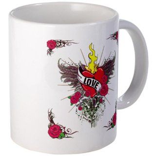 Mug (Coffee Drink Cup) Love Flaming Heart with Angel Wings