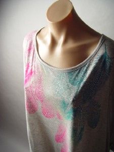 Sale Ombre Feather Printed Rhinestone Embellished Batwing Slv Knit Top