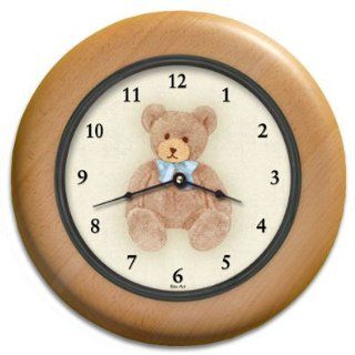 Blue Bow Teddy Bear Round Wood Wall Clock 