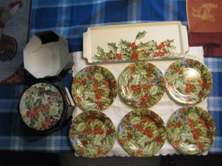  Gien Cocktail Plates in Box Le Houx France Holly Berries w platter EXC