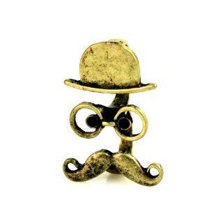 Girly Antique Gold Tone Double Hat and Mustache Ring with Black