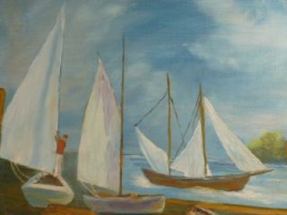 Helen Reed Sail Boats Dock Side 20 x 16 Oil Painting Wood Frame