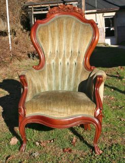 Exceptional 1860s Victorian Rococo Walnut Green Chair