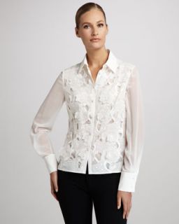 Naeem Khan Lace Applique Peasant Blouse   