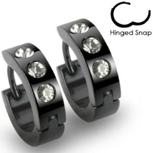 All Black Hoop Earrings with 3 Simulated Diamonds Hinged Snap