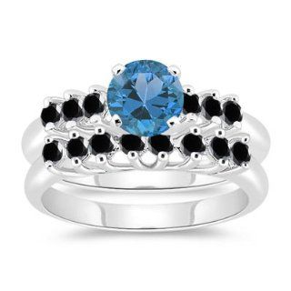 55 Cts Black Diamond & 1.14 Cts Swiss Blue Topaz Matching Ring Set