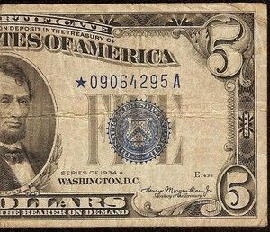 1934 A 5 DOLLAR BILL BIG BLUE STAR SILVER CERTIFICATE NOTE Fr 1651