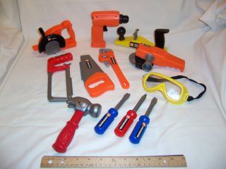 lot of 12 pretend play tools  plastic drill saw goggles