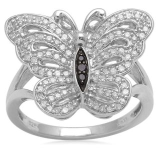 Sterling Silver Black and White Diamond Butterfly Ring (1/4 cttw, I J