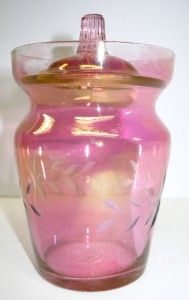  Ruby Red Glass Etched Floral Preserve Jam Mustard Honey Marmalade Jar