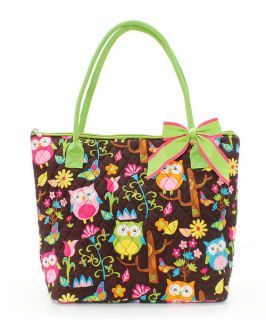 OWL Give a Hoot Large Brown Shoulder Bag Tote Quilted Fabric Lime Trim