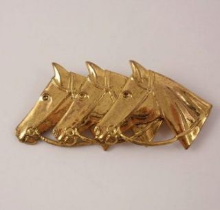 Vintage Triple Horseheads Figural Pin Brooch Gold Finish