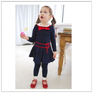 New Kids Navy Blue Dress Round Neck Red Bow Tie Girls Children Size 2