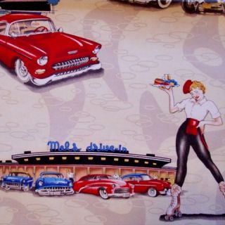 hot rod pinup girl roller skates diner 50s retro rock n roll fabric FQ