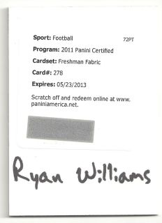 2011 Certified RYAN WILLIAMS FRESHMAN FABRIC REDEMPTION RC AUTO JERSEY