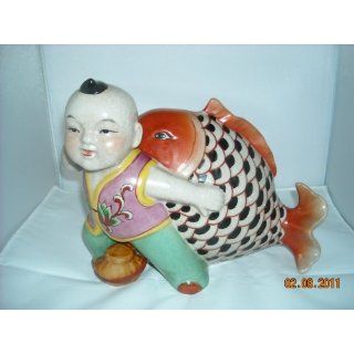 Chinese Little Child With Fish Statue New 