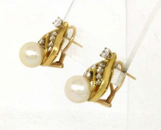 Stylish 14k Gold Diamonds Pearls Huggie Earrings