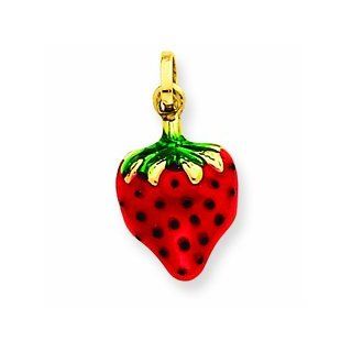 14k Yellow Gold Enameled Puffed Strawberry Charm. Gold Wt  0.56g