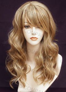 Human Hair Blend Long Strawberry Blonde Mix Wavy Heat Safe Wig Bangs