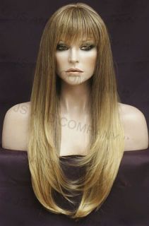 Human Hair Blend Wig Face FRAMING Long Straight Blonde Brown Mix Heat