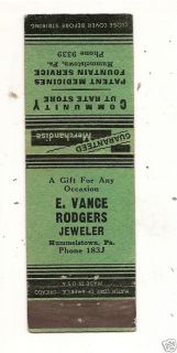 Vance Rodgers Jeweler Hummelstown PA Matchbook