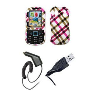 Hot Pink Plaid Snap On Cover Case + Car Charger (CLA) + USB Data Cable