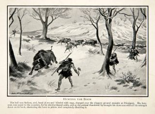 1909 Print Ice Age Bison Hunting Spear Stone AX Herd Snow Bull Dogs