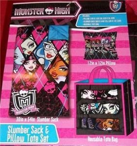 New Monster High Slumber Sack and Pillow Tote Set Sleeping Bag Pillow