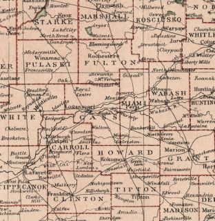 Indiana Authentic 1889 Map showing Counties, Cities, Topography