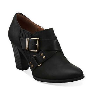 Indigo by Clarks Womens Heath Woodlark Black Oily Leather Heels 63077