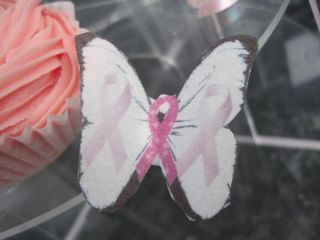 12 White Pink Edible Breast Cancer Support Butterfly Cake Decorations