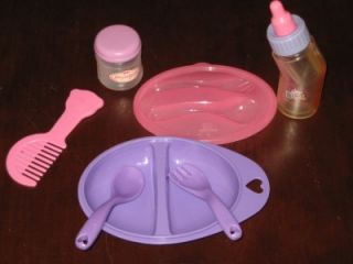 Caring for Baby Doll Items Divided Dish Fork Spoon Bottle Dishes Play