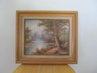  oil painting wood frame 13 x11 1 2 signed C INNESS landscape lake pink